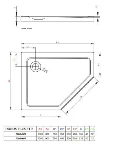Doros PT E 100x80  ötszögletű akril zuhanytálca méretei