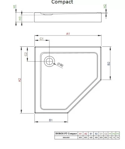 Doros PT Compact 90x90 ötszögletű zuhanytálca méretei