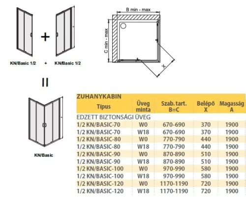 KN/Basic 70x70 szögletes zuhanykabin méretei