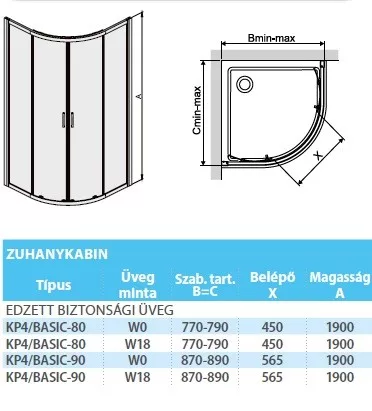 KP4/Basic 90x90 íves zuhanykabin méretei