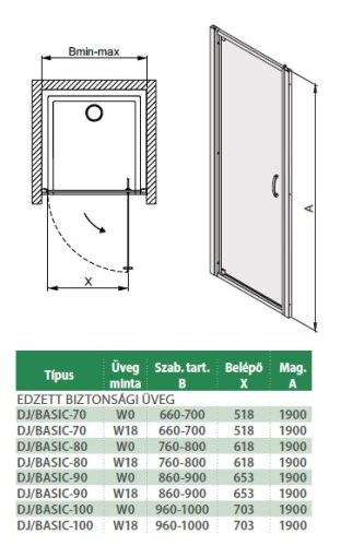 DJ/Basic 90 cm nyílóajtós zuhanyajtó méretei