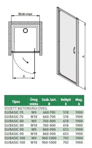 DJ/Basic 100 cm nyílóajtós zuhanyajtó méretei