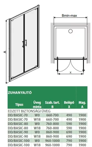 DD/Basic 90 cm nyílóajtós zuhanyajtó méretek