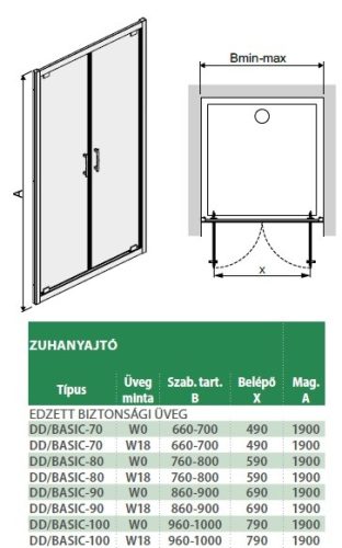 DD/Basic 100 cm nyílóajtós zuhanyajtó méretek