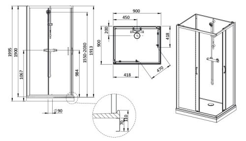 Sanplast kpl-KCKN/Basic-M 90-S hátfalas komplett zuhanykabin