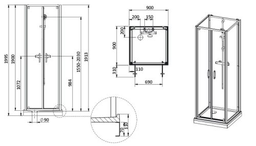 Sanplast kpl-KCDDp/Basic-M-90 S hátfalas komplett zuhanykabin