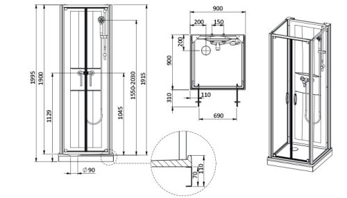 Sanplast kpl-KCDDp/Basic-M-90-SHP hátfalas komplett zuhanykabin