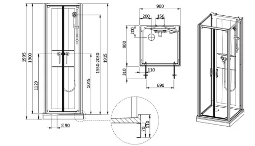 Sanplast kpl-KCDDp/Basic-M-90-SHP hátfalas komplett zuhanykabin