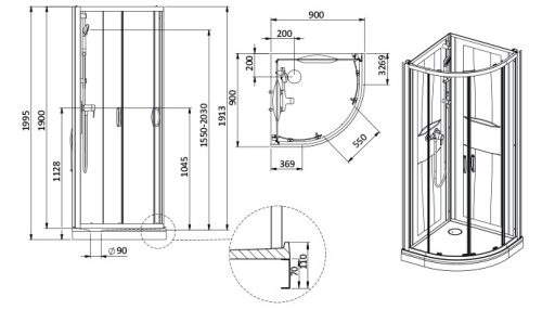 Sanplast kpl-KCKP4/Basic-M-SHP 90 hátfalas komplett zuhanykabin