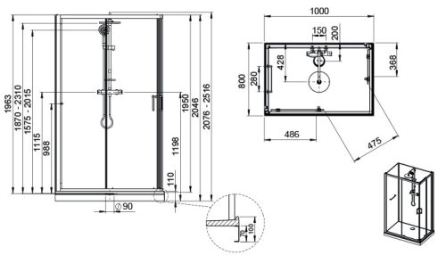 Sanplast kpl-KCKN/CLII-M 100x80 hátfalas komplett zuhanykabin