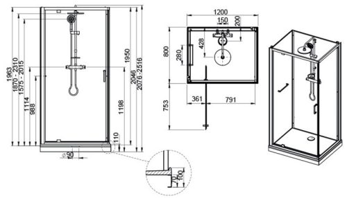 Sanplast kpl-KCDJ/CLII-M 120x90 hátfalas komplett zuhanykabin