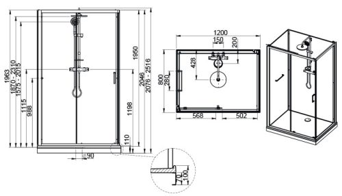 kpl-KCD2/CLII 120x80 komplett zuhanykabin méretei