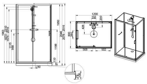 kpl-KCD2/CLII 120x80 komplett zuhanykabin méretei