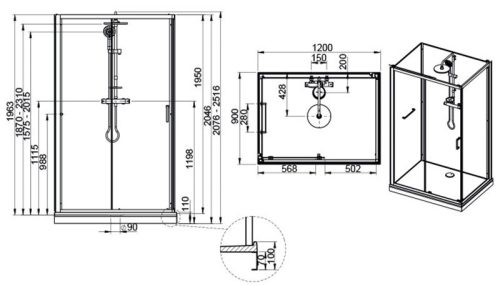 Sanplast kpl-KCD2/CLII-M 120x90 hátfalas komplett zuhanykabin