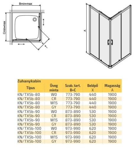 KN/TX5b 100x100 szögletes tolóajtós zuhanykabin méretei