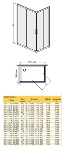 KN/TX5b 100x80 szögletes tolóajtós zuhanykabin méretei
