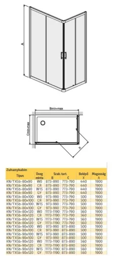 KN/TX5b 100x90 szögletes zuhanykabin méretei