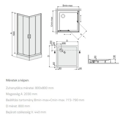 KN-kpl/TX5b-80 zuhanykabin szett méretei