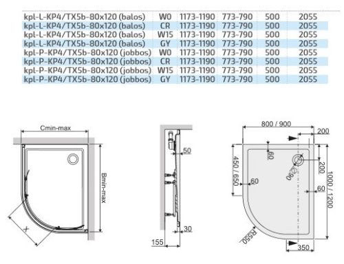 Kpl-L-KP4-TX5b 120x80 íves zuhanykabin + tálca méretei