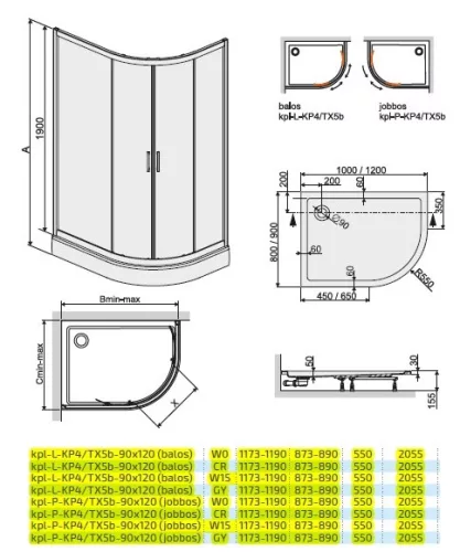 Kpl-L-KP4-TX5b 120x90 íves zuhanykabin + tálca méretei