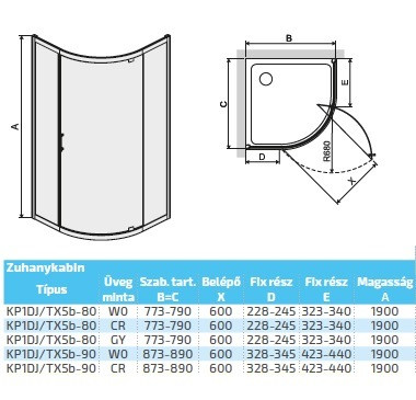 KP1DJa-Kpl/TX5b 80x80 íves, nyílóajtós zuhanykabin tálcával méretei