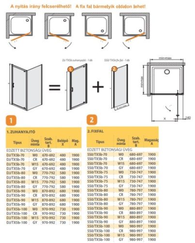 DJ/TX5b 70 + SS0/TX5b 70 nyílóajtós zuhanykabin méretek
