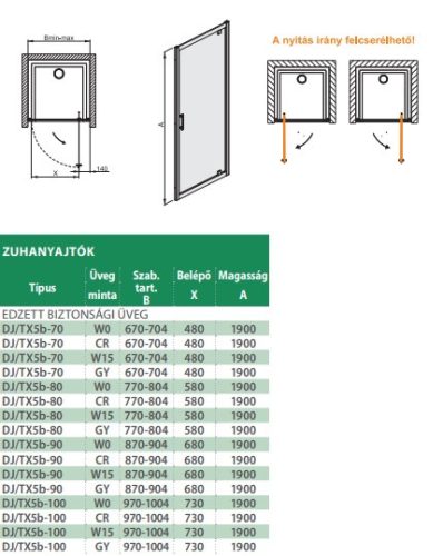 DJ/TX5b-80 nyílóajtós zuhanyajtó méretei