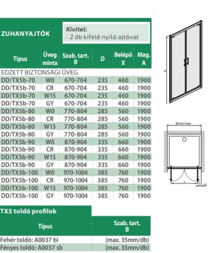 DD/TX5b 80 nyílóajtós zuhanyajtó 