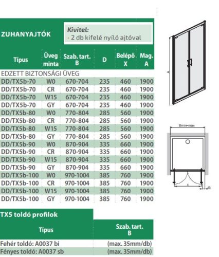 DD/TX5b 90 nyílóajtós zuhanyajtó méretek
