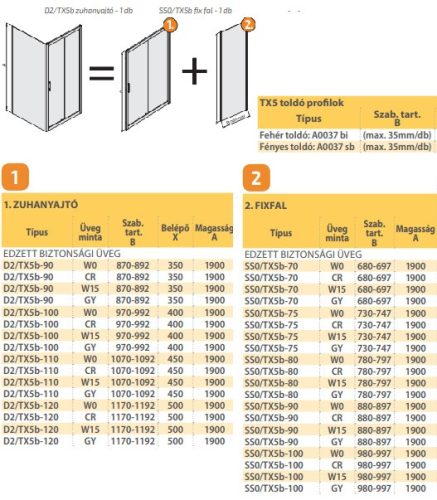 D2/TX5b 100 + SS0/TX5 75 tolóajtós zuhanykabin méretek