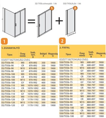 D2/TX5b-110 cm tolóajtós zuhanyajtó méretei