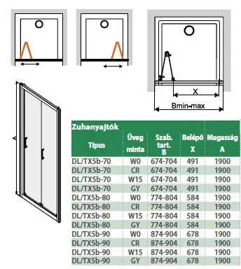 DL/TX5b 80 cm csuklóajtós zuhayajtó méretei