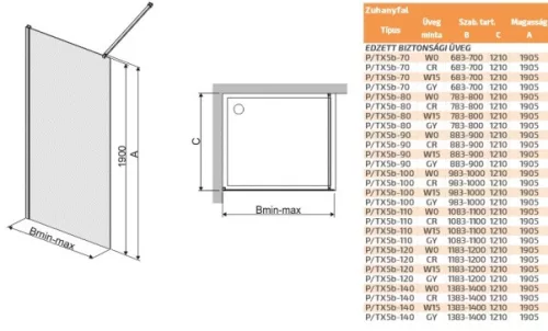 P/TX5b 80 cm zuhanyfal méretei