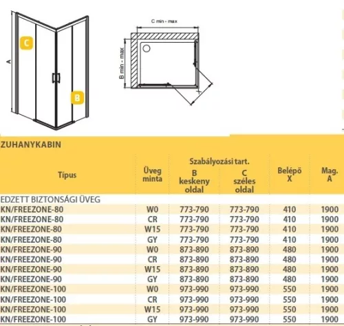KN/FreeZone 90x90 szögletes zuhanykabin méretei