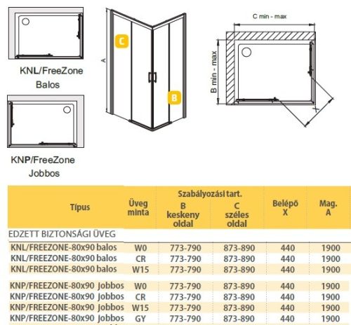 KN/FreeZone 90x80 szögletes zuhanykabin méretei