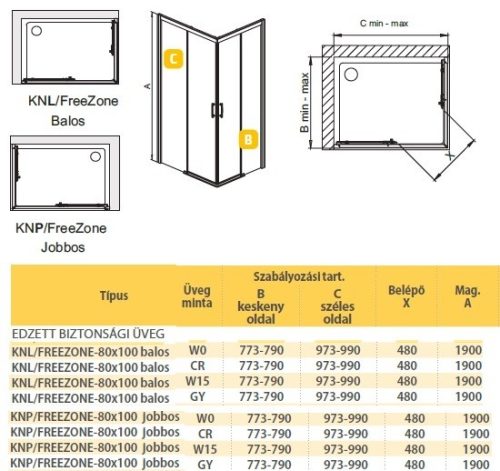 KN/FreeZone 100x80 szögletes zuhanykabin méretei