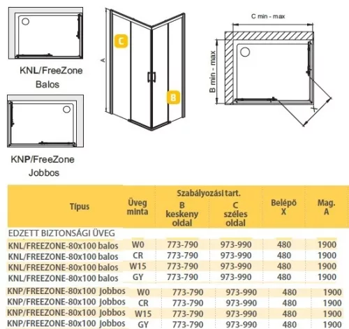KN/FreeZone 100x80 szögletes zuhanykabin méretei