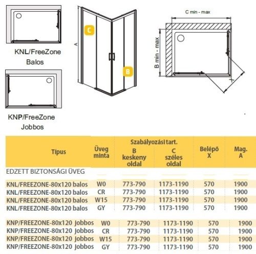 KN/FreeZone 120x80 szögletes zuhanykabin méretei