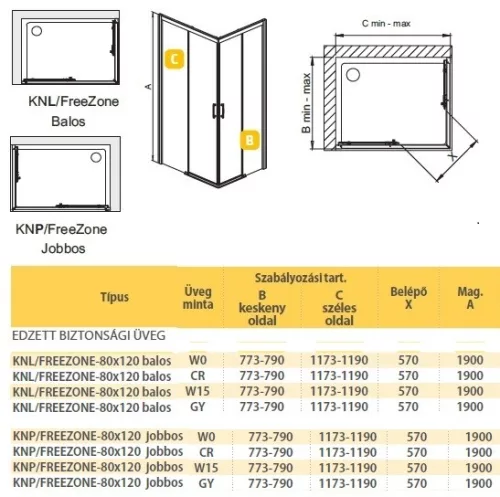 KN/FreeZone 120x80 szögletes zuhanykabin méretei