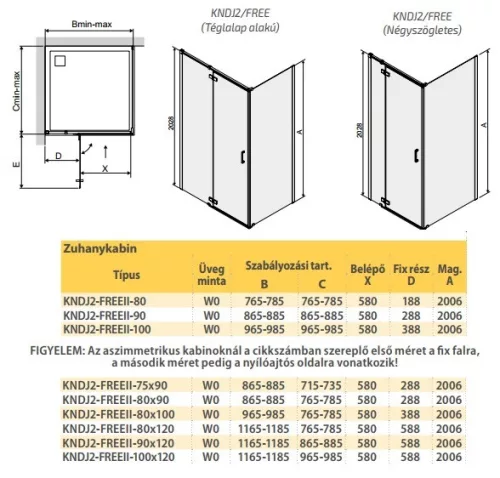 KNDJ2-Free II 80x80 szögletes zuhanykabin méretei
