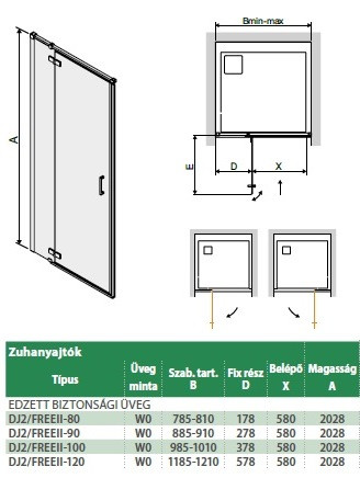 DJ2/Free II 120 cm nyílóajtós zuhanyajtó méretei
