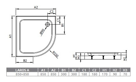 Laros A 85x85 íves zuhanytálca méretei