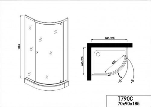 T790C 90x70 cm íves zuhanykabin méretei