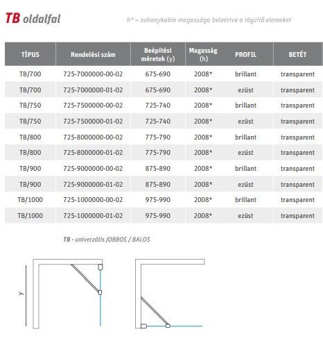 TDO1+TB 100x70 nyíló ajtós zuhanykabin méretei