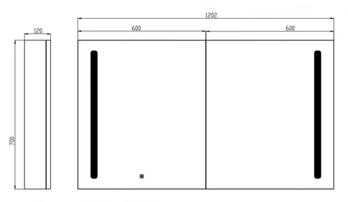 Tenerife 120 cm tükrösszekrény LED világítással méretrajz