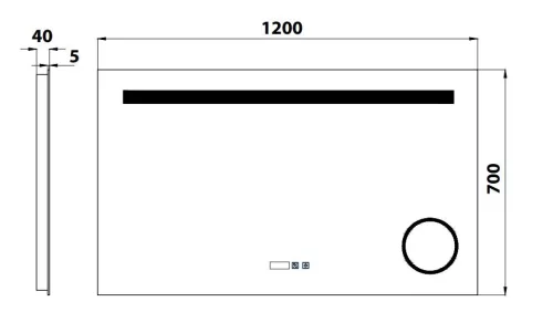 Rodos 120 cm tükör LED világítással, kijelzővel méretrajz