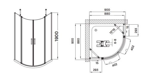 Scorpio 90x90 íves zuhanykabin méretrajz