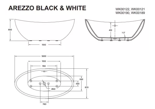Arezzo White 180x87 szabadon álló kád méretei