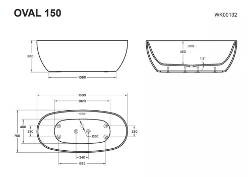 Oval 150x75 szabadon álló  akrilkád méretei