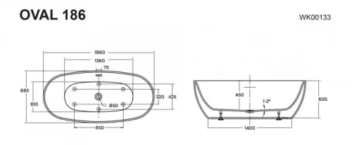 Oval 186x88 szabadon álló akrilkád méretei